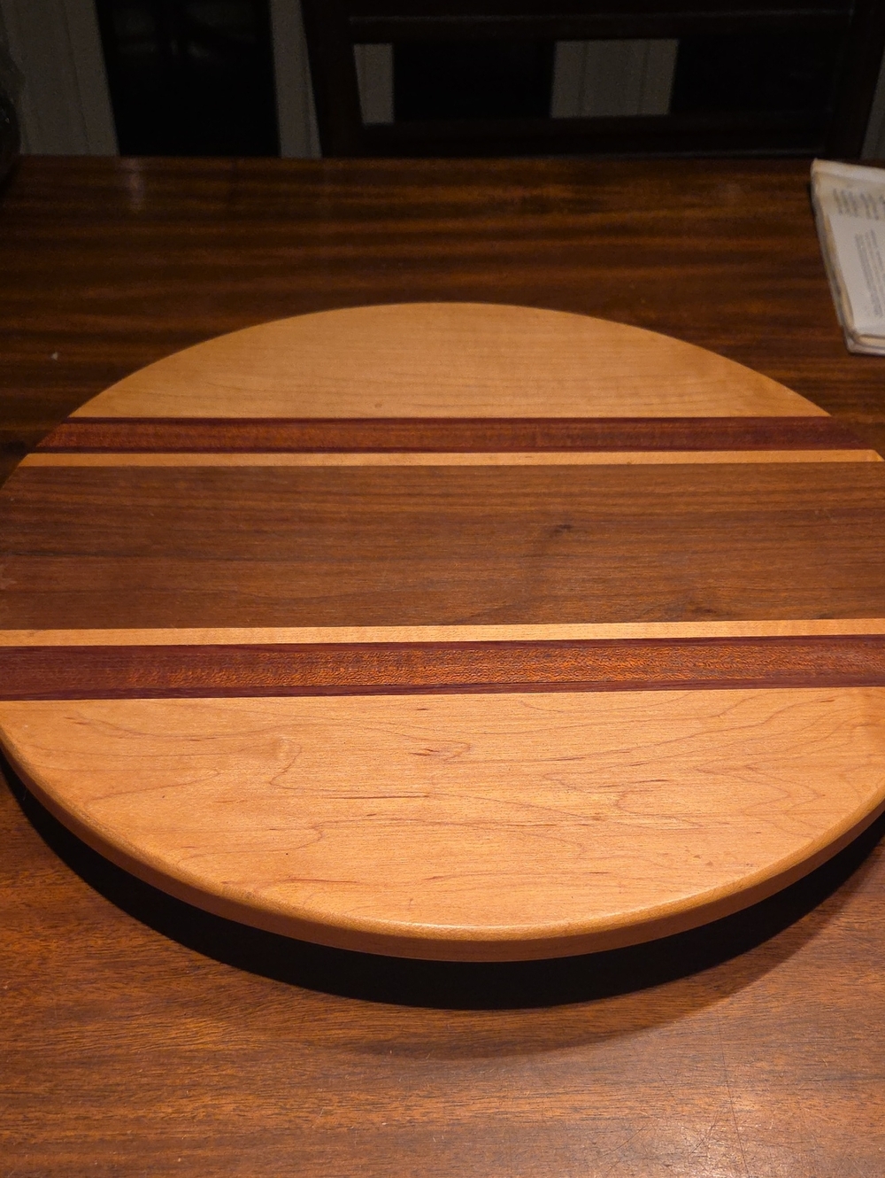Round Wooden Serving Board with Inlay Stripes
